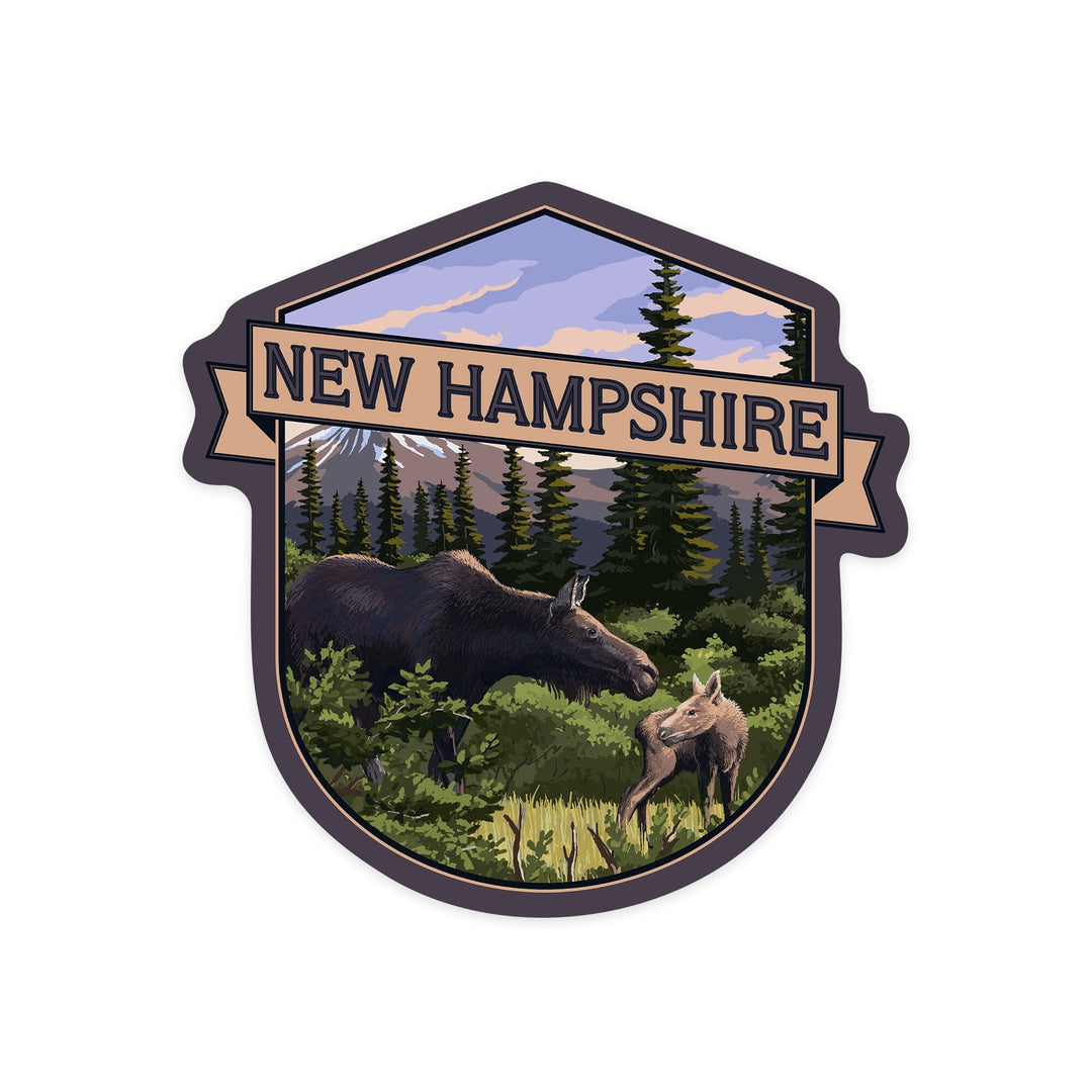 New Hampshire, Moose and Calf, Contour, Vinyl Sticker Sticker Lantern Press