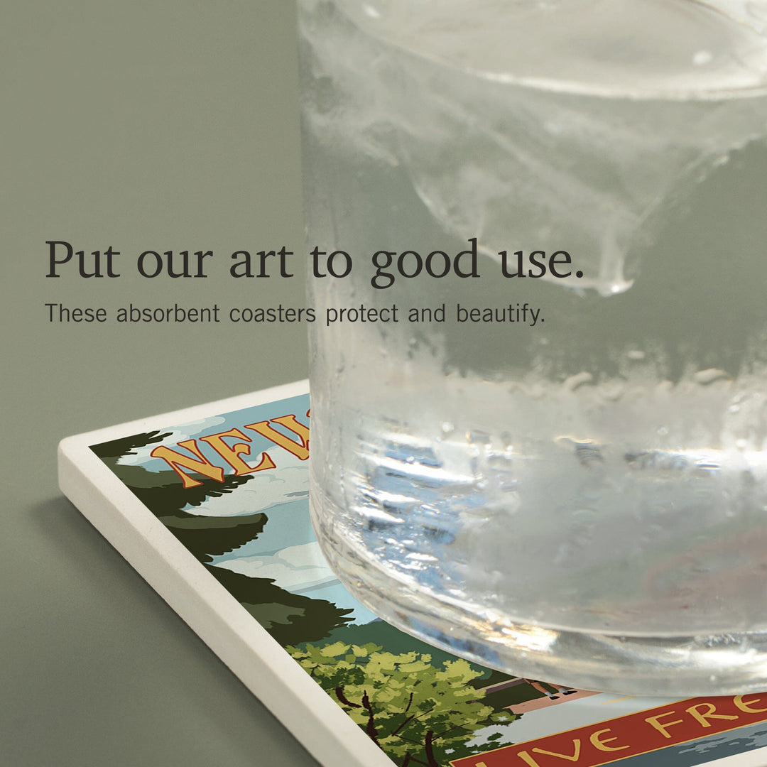 New Hampshire, Motorcycle Scene and Old Man of the Mountain, Coasters Coasters Lantern Press