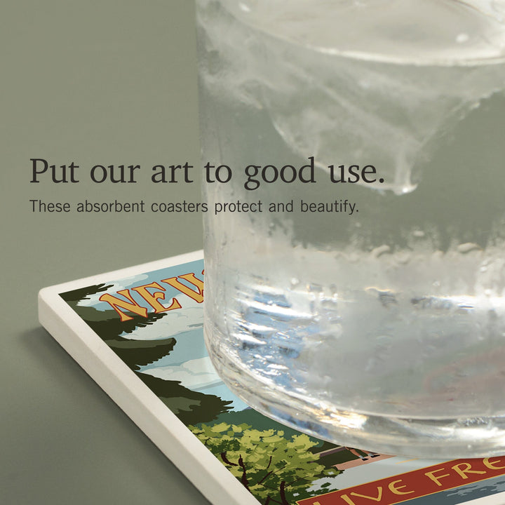 New Hampshire, Motorcycle Scene and Old Man of the Mountain, Coasters Coasters Lantern Press