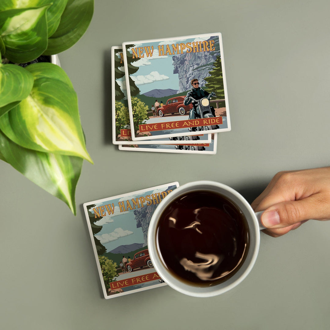 New Hampshire, Motorcycle Scene and Old Man of the Mountain, Coasters Coasters Lantern Press