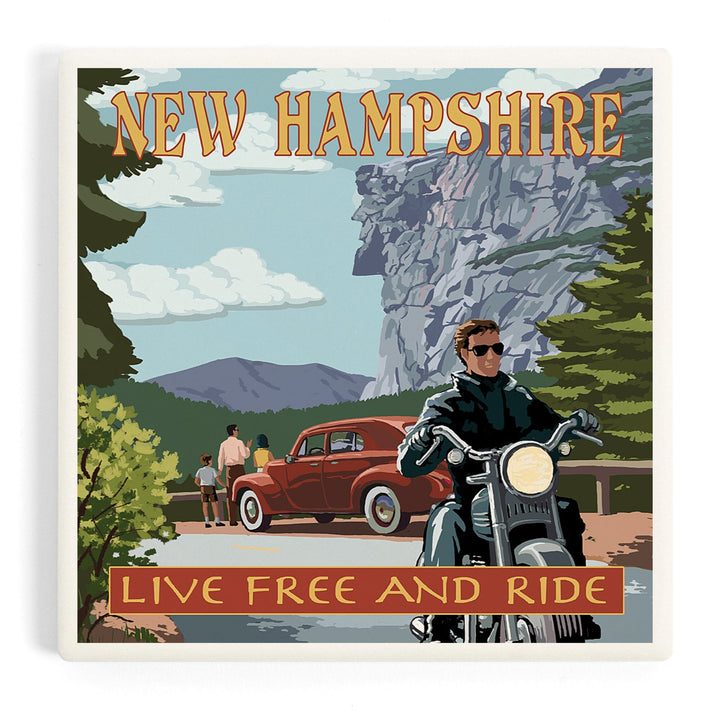 New Hampshire, Motorcycle Scene and Old Man of the Mountain, Coasters Coasters Lantern Press Coaster