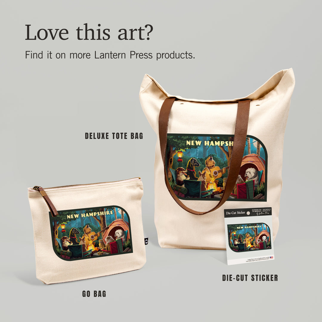 New Hampshire, Painterly, Pack Life, Dogs Around Campfire, Vinyl Sticker Sticker Lantern Press