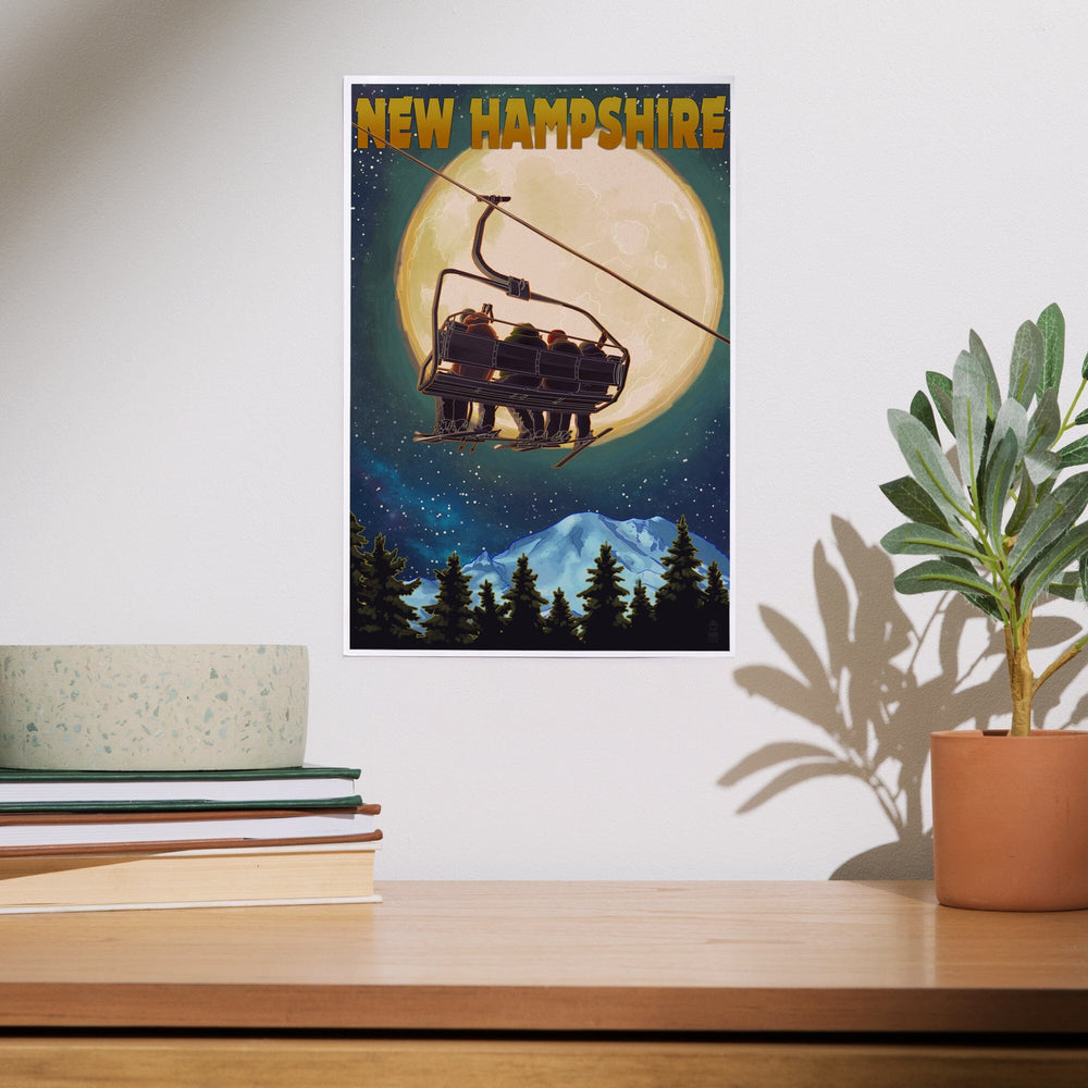 New Hampshire, Ski Lift and Full Moon, Art & Giclee Prints Art Lantern Press
