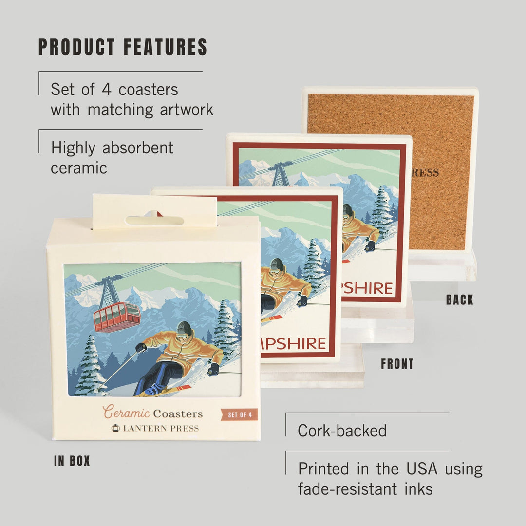 New Hampshire, Skier and Tram, Coasters Coasters Lantern Press