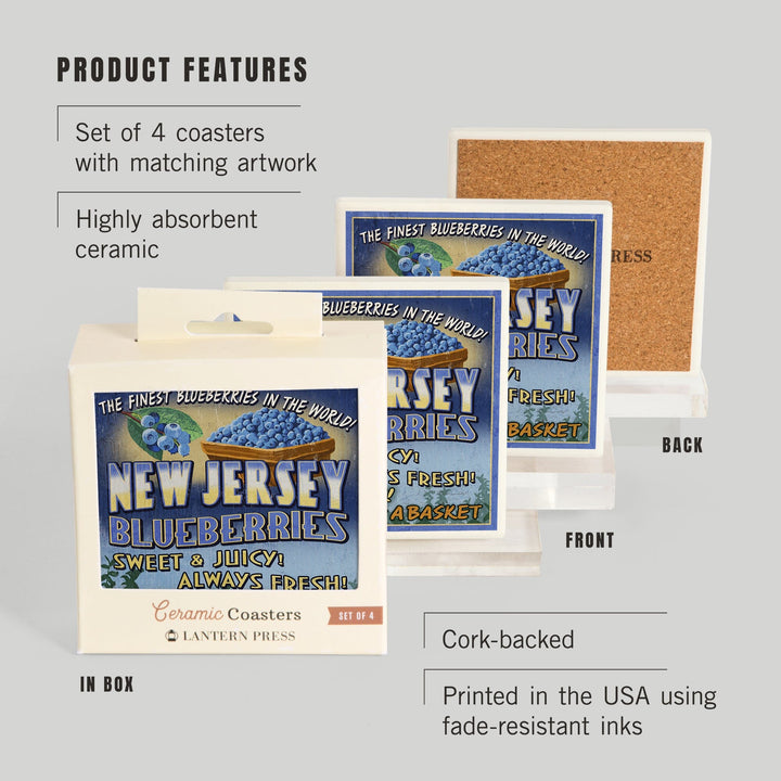 New Jersey, Blueberry Farm Vintage Sign, Coasters Coasters Lantern Press