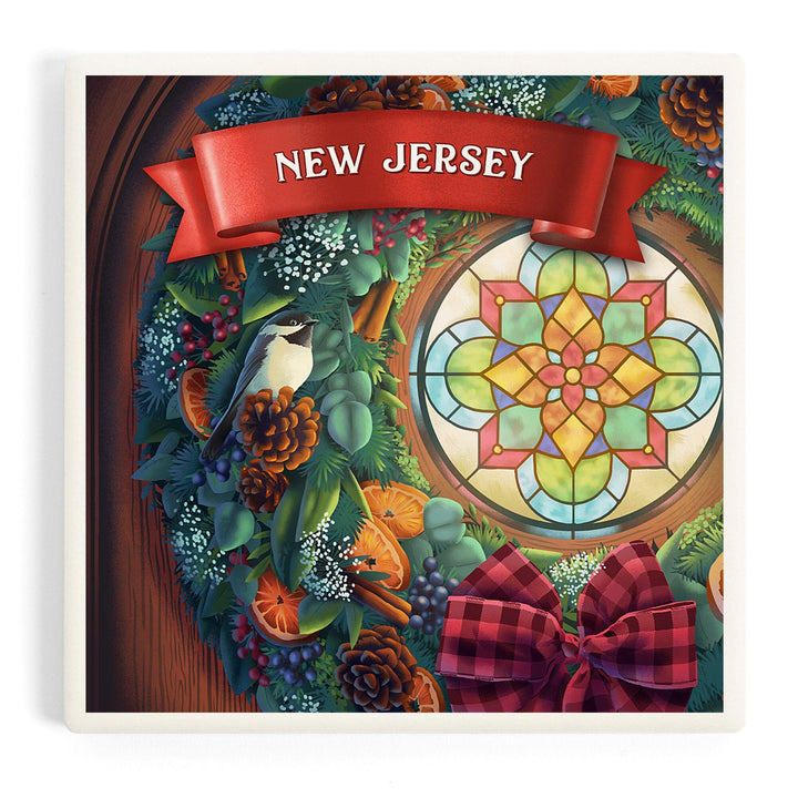 New Jersey, Front Door with Christmas Wreath, Coasters Coasters Lantern Press Coaster