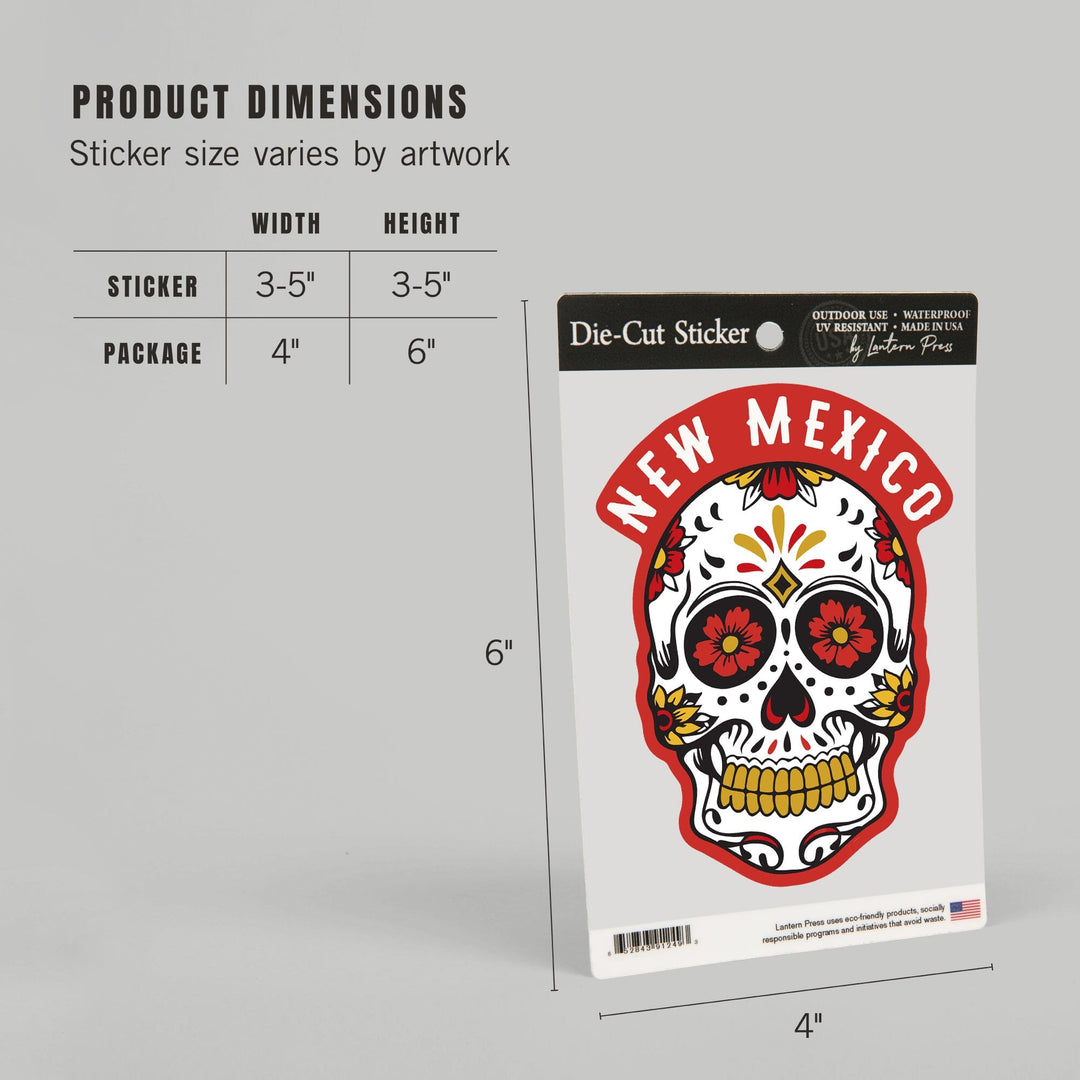 New Mexico, Day of the Dead, Sugar Skull & Flower Pattern, Contour, Lantern Press Artwork, Vinyl Sticker Sticker Lantern Press