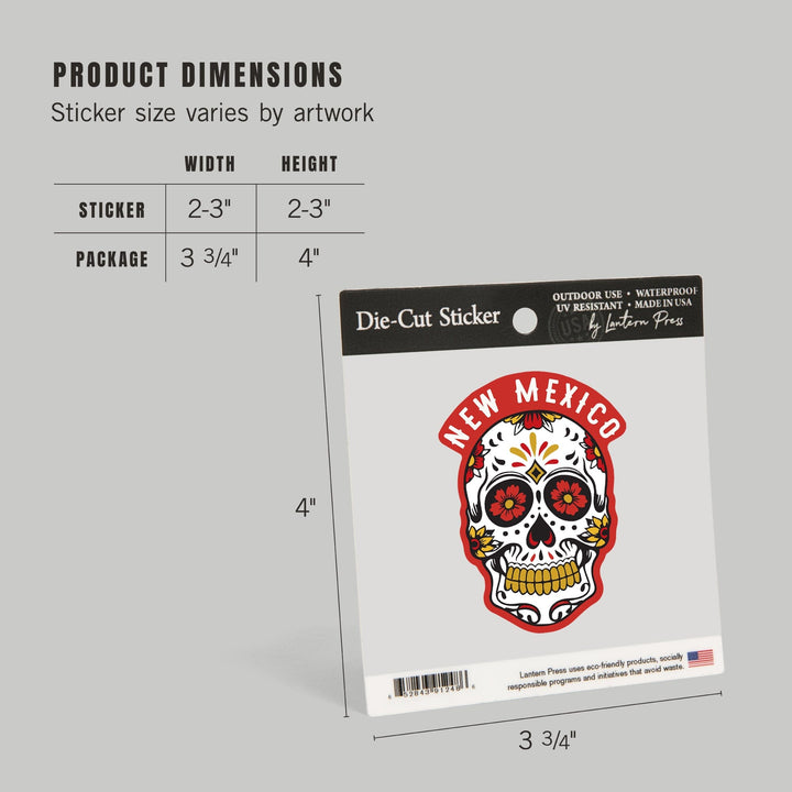 New Mexico, Day of the Dead, Sugar Skull & Flower Pattern, Contour, Lantern Press Artwork, Vinyl Sticker Sticker Lantern Press