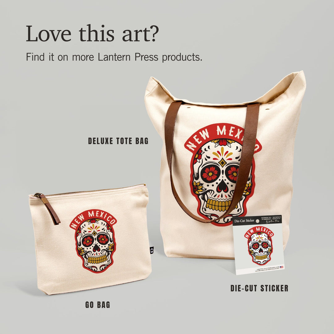 New Mexico, Day of the Dead, Sugar Skull & Flower Pattern, Contour, Lantern Press Artwork, Vinyl Sticker Sticker Lantern Press