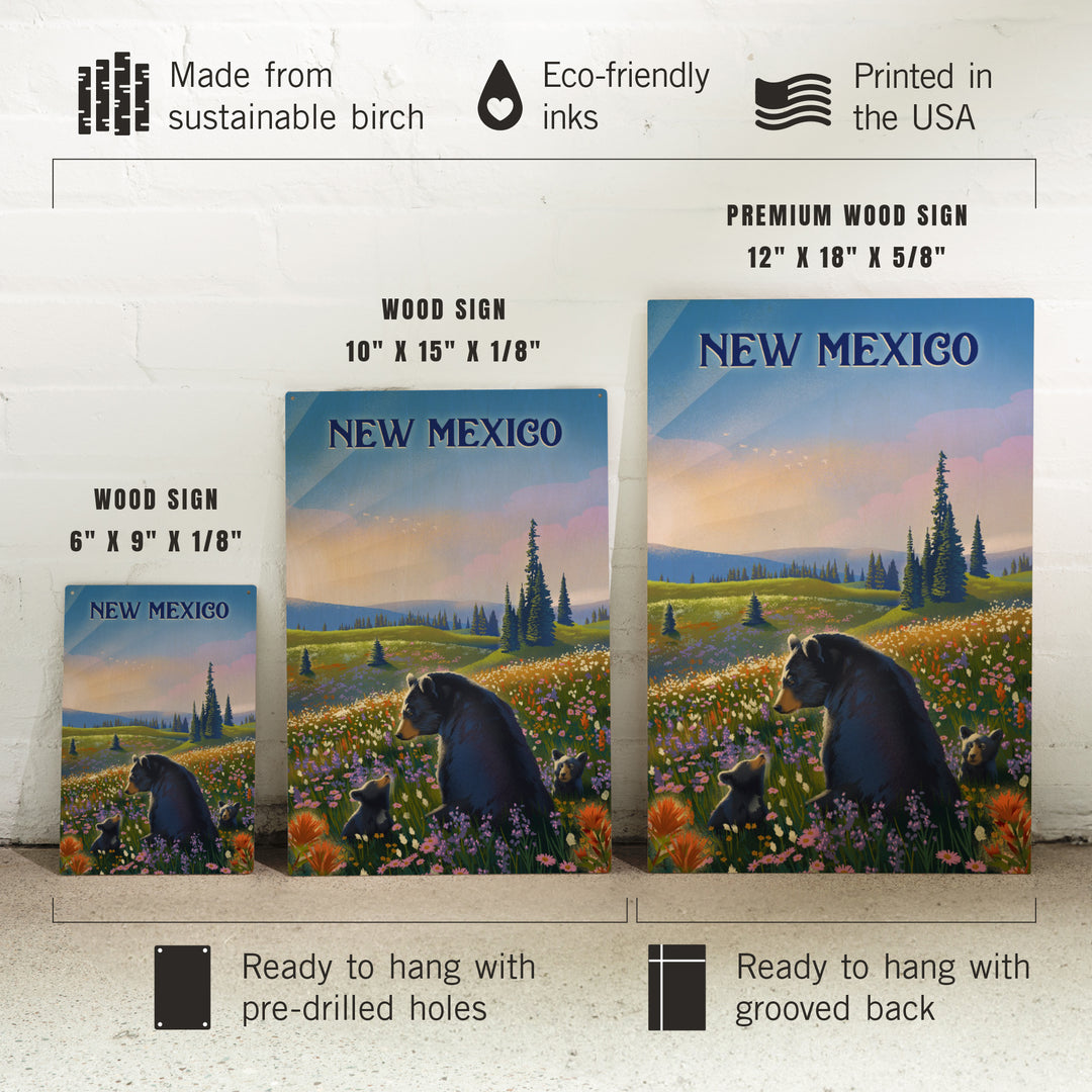 New Mexico, Lithograph, Bear Family in Field, Wood Signs and Postcards Wood Lantern Press