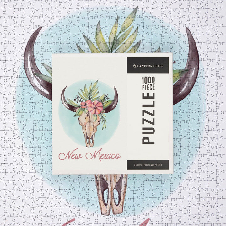 New Mexico, Watercolor, Cow Skull and Flower Crown Puzzle Lantern Press