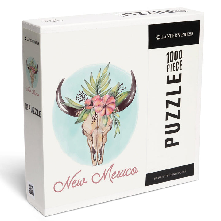 New Mexico, Watercolor, Cow Skull and Flower Crown Puzzle Lantern Press