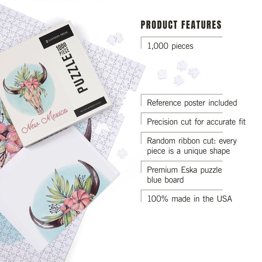 New Mexico, Watercolor, Cow Skull and Flower Crown Puzzle Lantern Press