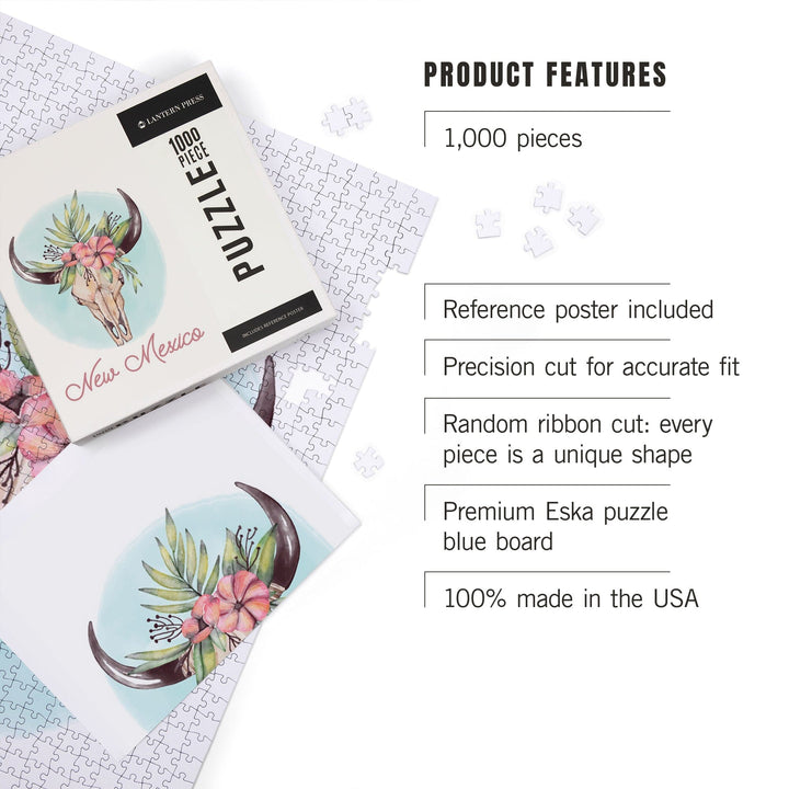 New Mexico, Watercolor, Cow Skull and Flower Crown Puzzle Lantern Press