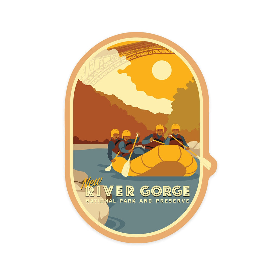 New River Gorge National Park and Preserve, West Virginia, Rafters and Bridge, Contour, Vinyl Sticker Sticker Lantern Press