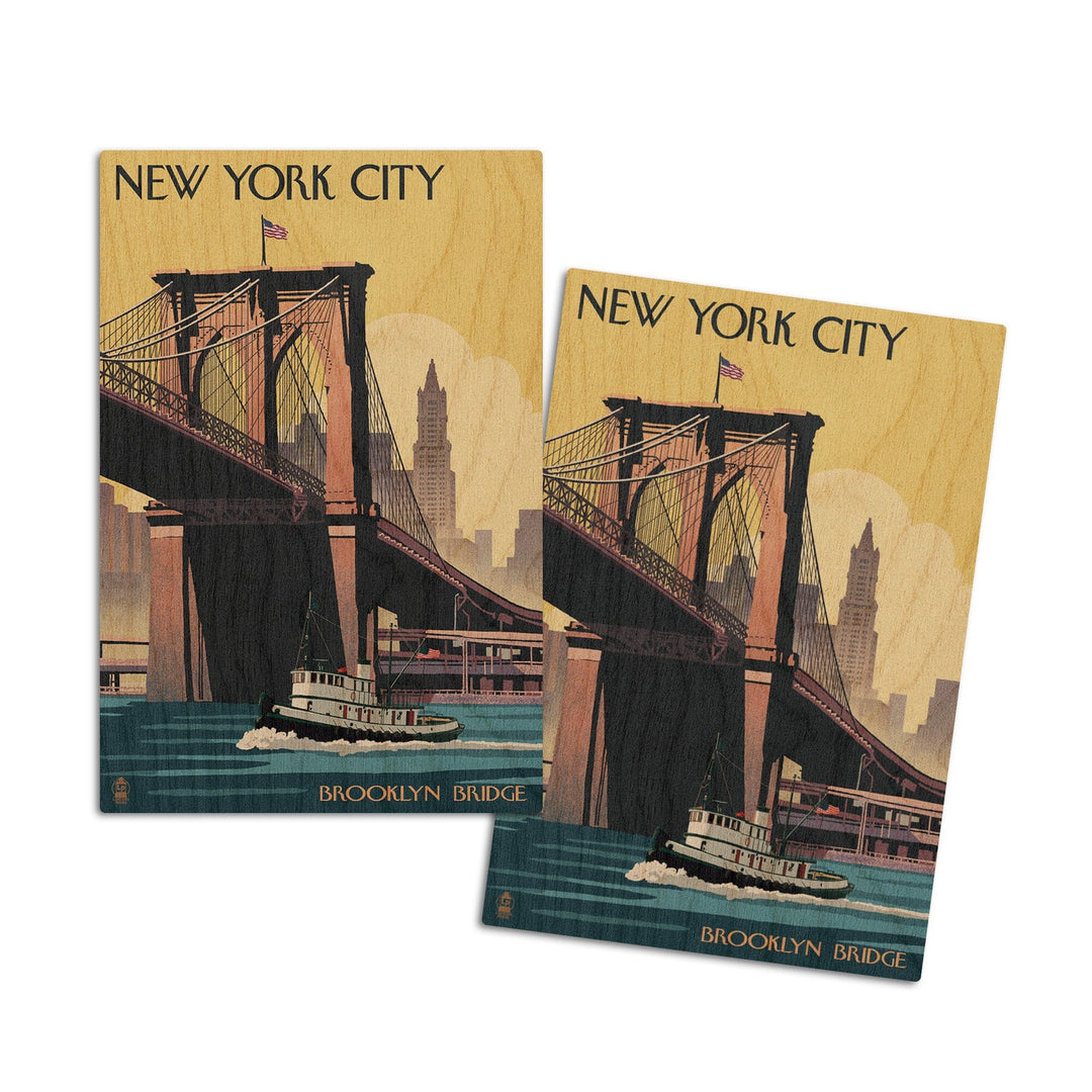 New York, Brooklyn Bridge, Lantern Press Artwork, Wood Signs and Postcards Wood Lantern Press 4x6 Wood Postcard Set