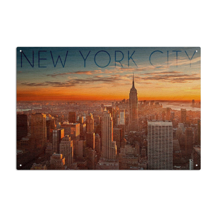 New York City, New York, Aerial Skyline at Sunset, Lantern Press Photography, Wood Signs and Postcards Wood Lantern Press 10 x 15 Wood Sign