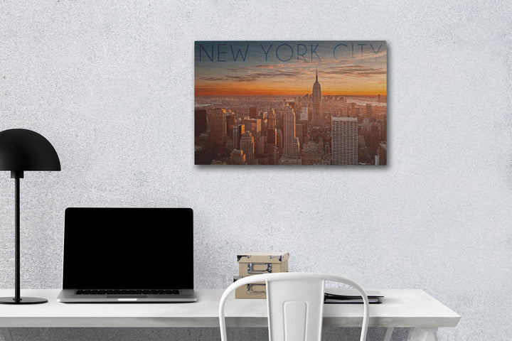 New York City, New York, Aerial Skyline at Sunset, Lantern Press Photography, Wood Signs and Postcards Wood Lantern Press 12 x 18 Wood Gallery Print