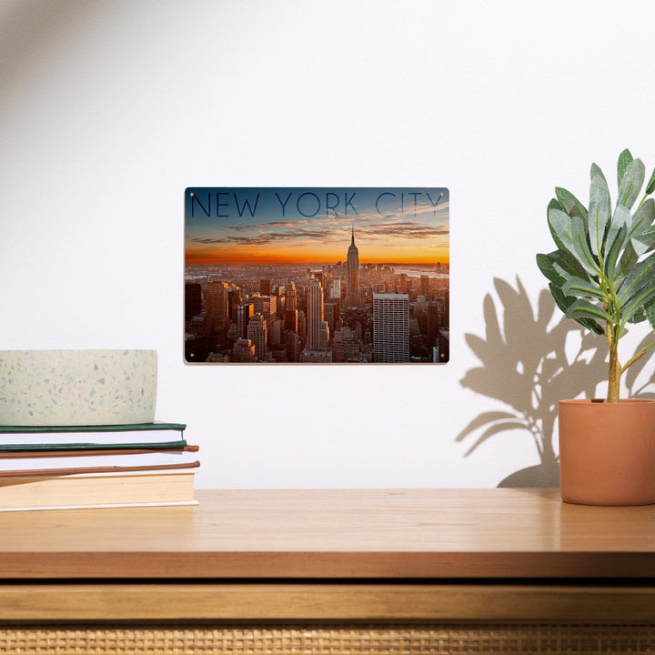 New York City, New York, Aerial Skyline at Sunset, Lantern Press Photography, Wood Signs and Postcards Wood Lantern Press