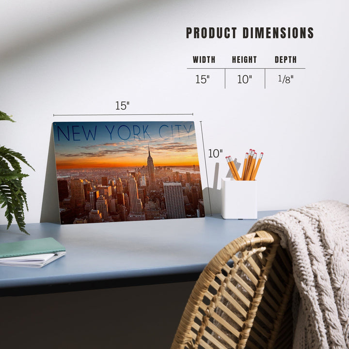New York City, New York, Aerial Skyline at Sunset, Lantern Press Photography, Wood Signs and Postcards Wood Lantern Press