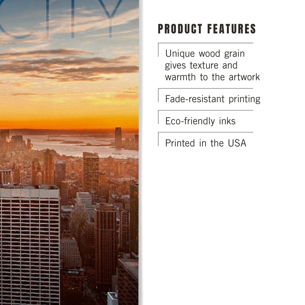 New York City, New York, Aerial Skyline at Sunset, Lantern Press Photography, Wood Signs and Postcards Wood Lantern Press