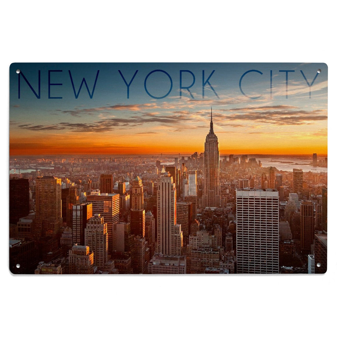 New York City, New York, Aerial Skyline at Sunset, Lantern Press Photography, Wood Signs and Postcards Wood Lantern Press