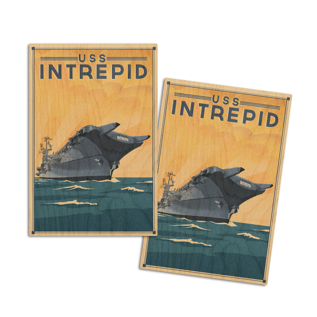 New York City, New York, USS Intrepid, Lithograph, Wood Signs and Postcards Wood Lantern Press 4x6 Wood Postcard Set