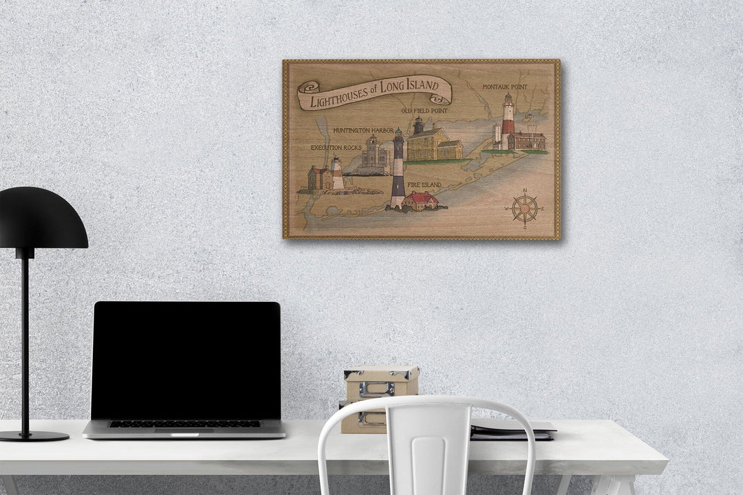 New York, Lighthouses of Long Island, Lantern Press Artwork, Wood Signs and Postcards Wood Lantern Press 12 x 18 Wood Gallery Print