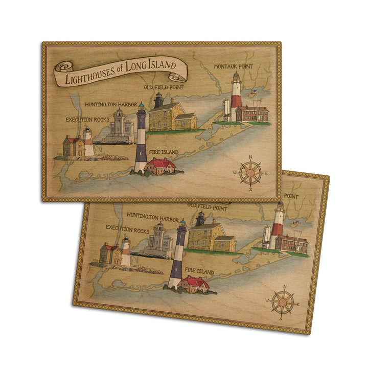 New York, Lighthouses of Long Island, Lantern Press Artwork, Wood Signs and Postcards Wood Lantern Press 4x6 Wood Postcard Set