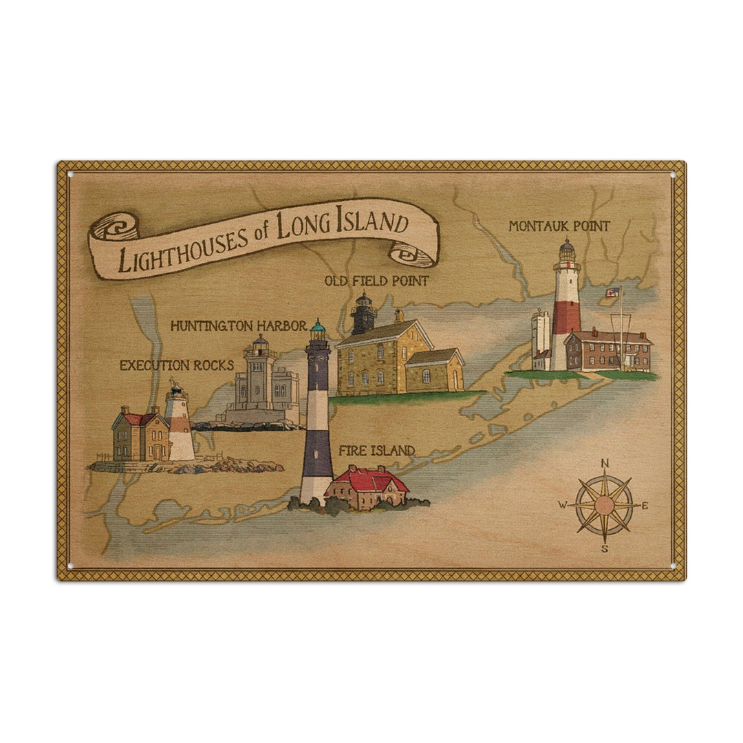 New York, Lighthouses of Long Island, Lantern Press Artwork, Wood Signs and Postcards Wood Lantern Press 6x9 Wood Sign
