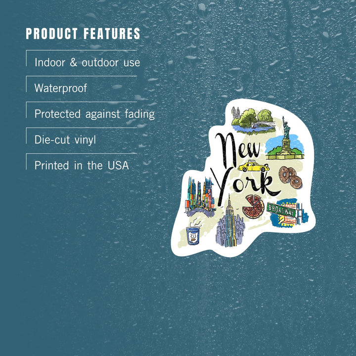New York, New York, Landmarks & Icons, Contour, Lantern Press Artwork, Vinyl Sticker Sticker Lantern Press