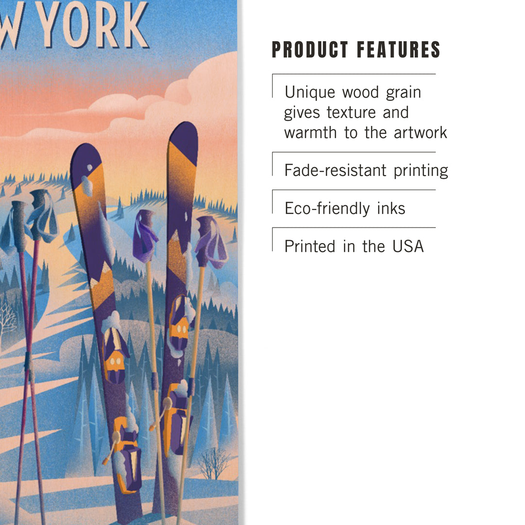 New York, Prepare for Takeoff, Skis in Snowbank, Wood Signs and Postcards Wood Lantern Press