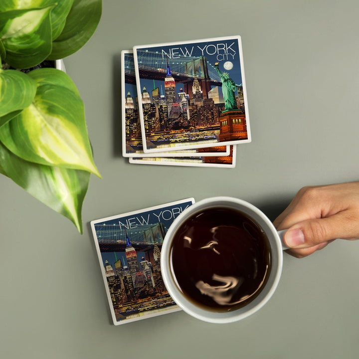New York, Skyline at Night, Coasters Coasters Lantern Press