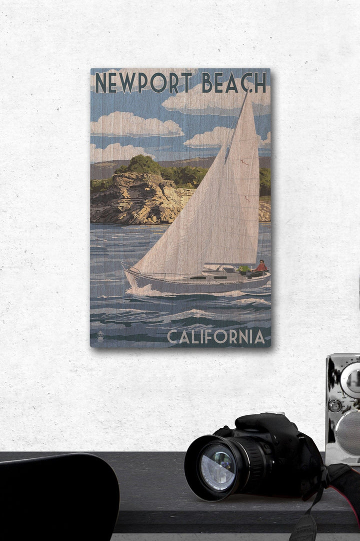 Newport Beach, California, Sloop Sailboat & Lake, Lantern Press Artwork, Wood Signs and Postcards Wood Lantern Press 12 x 18 Wood Gallery Print