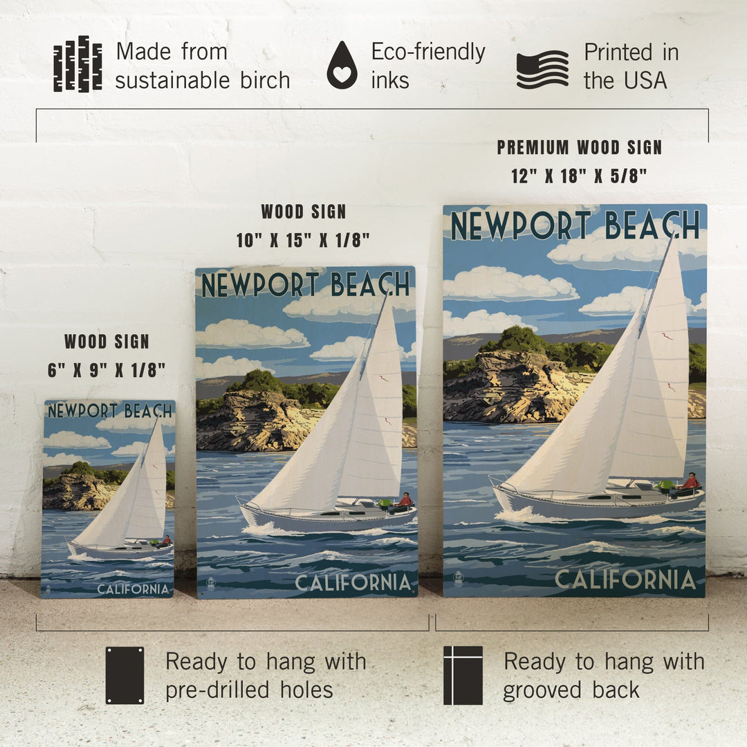 Newport Beach, California, Sloop Sailboat & Lake, Lantern Press Artwork, Wood Signs and Postcards Wood Lantern Press