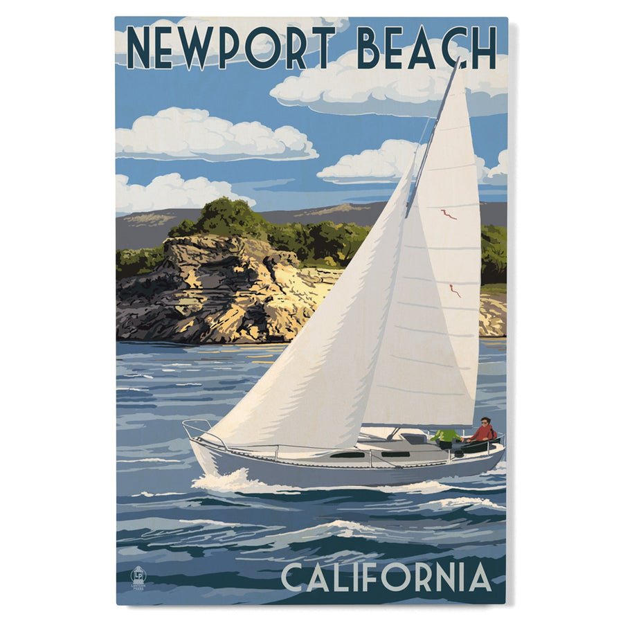 Newport Beach, California, Sloop Sailboat & Lake, Lantern Press Artwork, Wood Signs and Postcards Wood Lantern Press