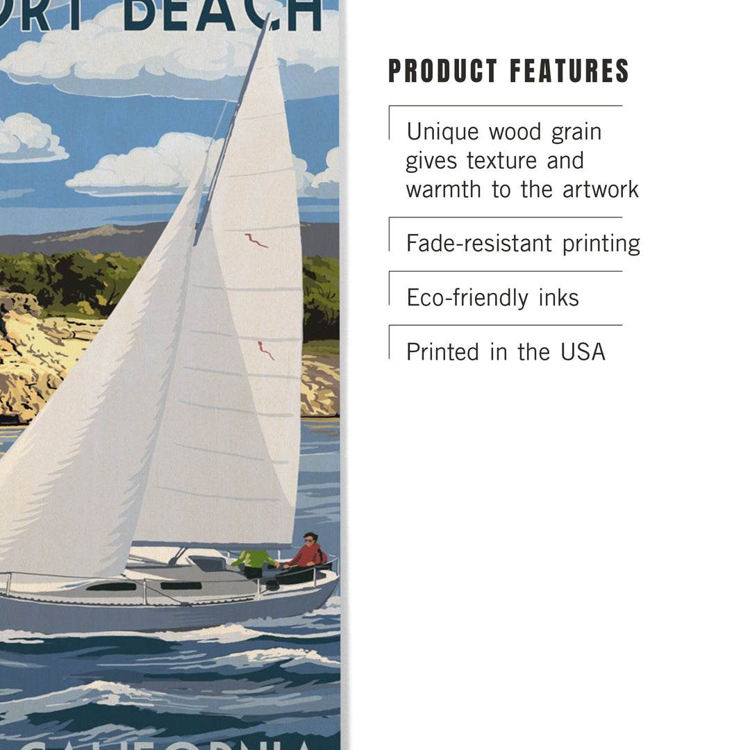 Newport Beach, California, Sloop Sailboat & Lake, Lantern Press Artwork, Wood Signs and Postcards Wood Lantern Press