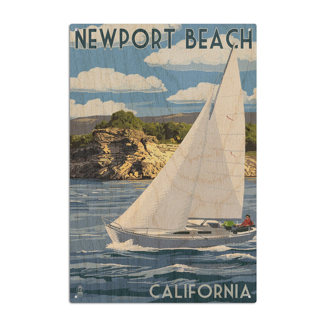Newport Beach, California, Sloop Sailboat & Lake, Lantern Press Artwork, Wood Signs and Postcards Wood Lantern Press 6x9 Wood Sign