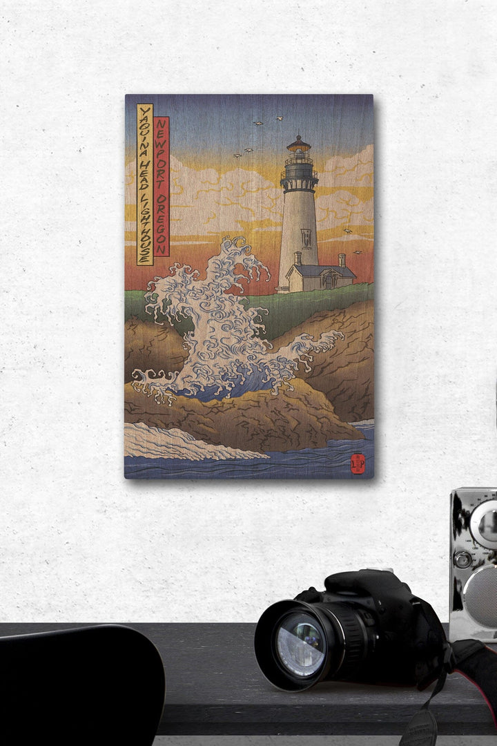 Newport, Oregon, Yaquina Head Lighthouse Woodblock, Lantern Press Poster, Wood Signs and Postcards Wood Lantern Press 12 x 18 Wood Gallery Print