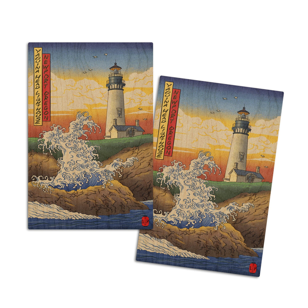 Newport, Oregon, Yaquina Head Lighthouse Woodblock, Lantern Press Poster, Wood Signs and Postcards Wood Lantern Press 4x6 Wood Postcard Set