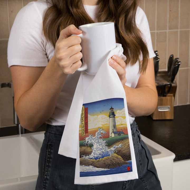 Newport, Oregon, Yaquina Head Lighthouse Woodblock, Organic Cotton Kitchen Tea Towels Kitchen Lantern Press