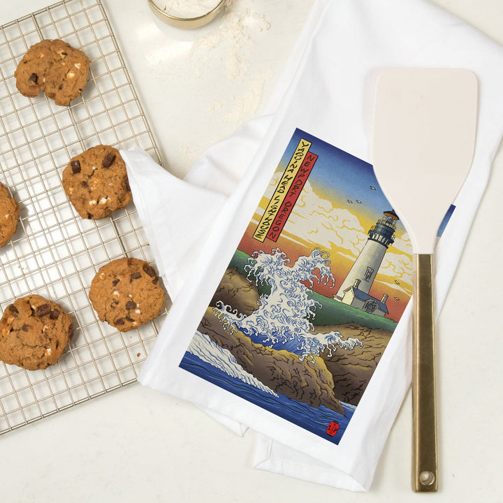 Newport, Oregon, Yaquina Head Lighthouse Woodblock, Organic Cotton Kitchen Tea Towels Kitchen Lantern Press
