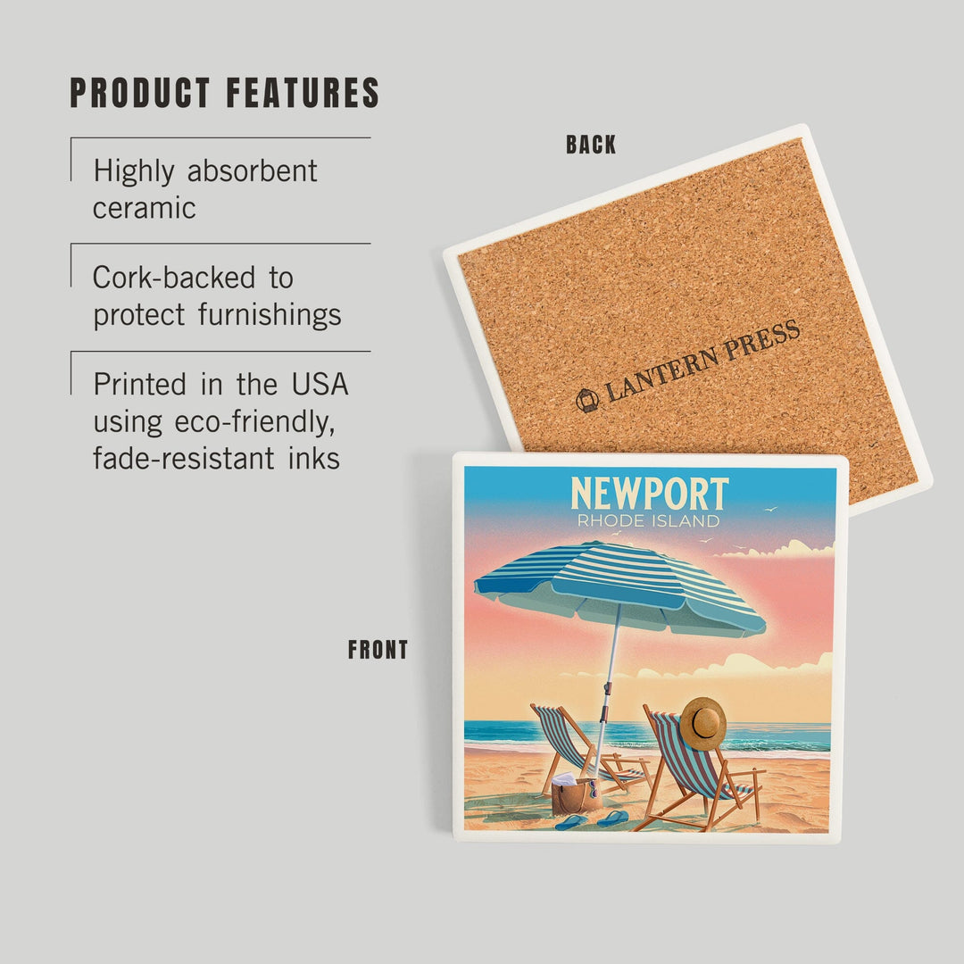 Newport, Rhode Island, Beach Chair and Umbrella, Coasters Coasters Lantern Press