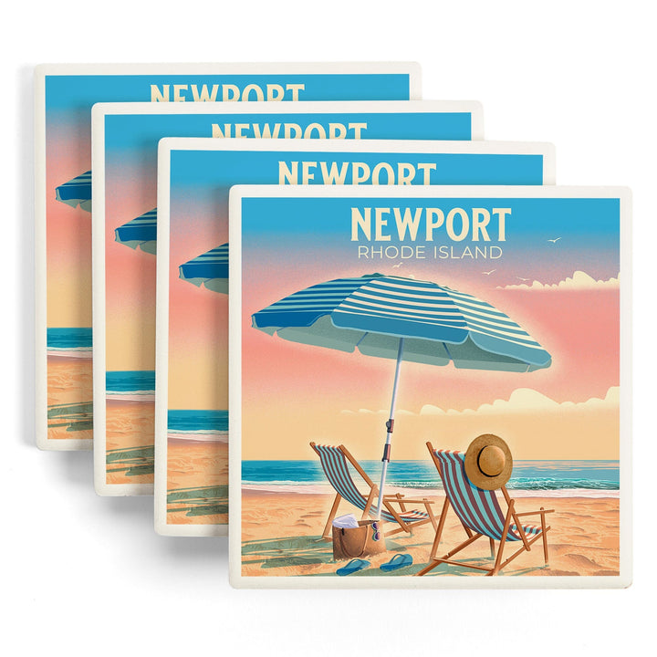 Newport, Rhode Island, Beach Chair and Umbrella, Coasters Coasters Lantern Press