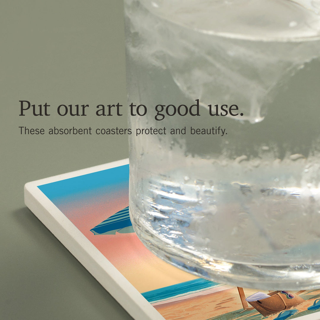 Newport, Rhode Island, Beach Chair and Umbrella, Coasters Coasters Lantern Press