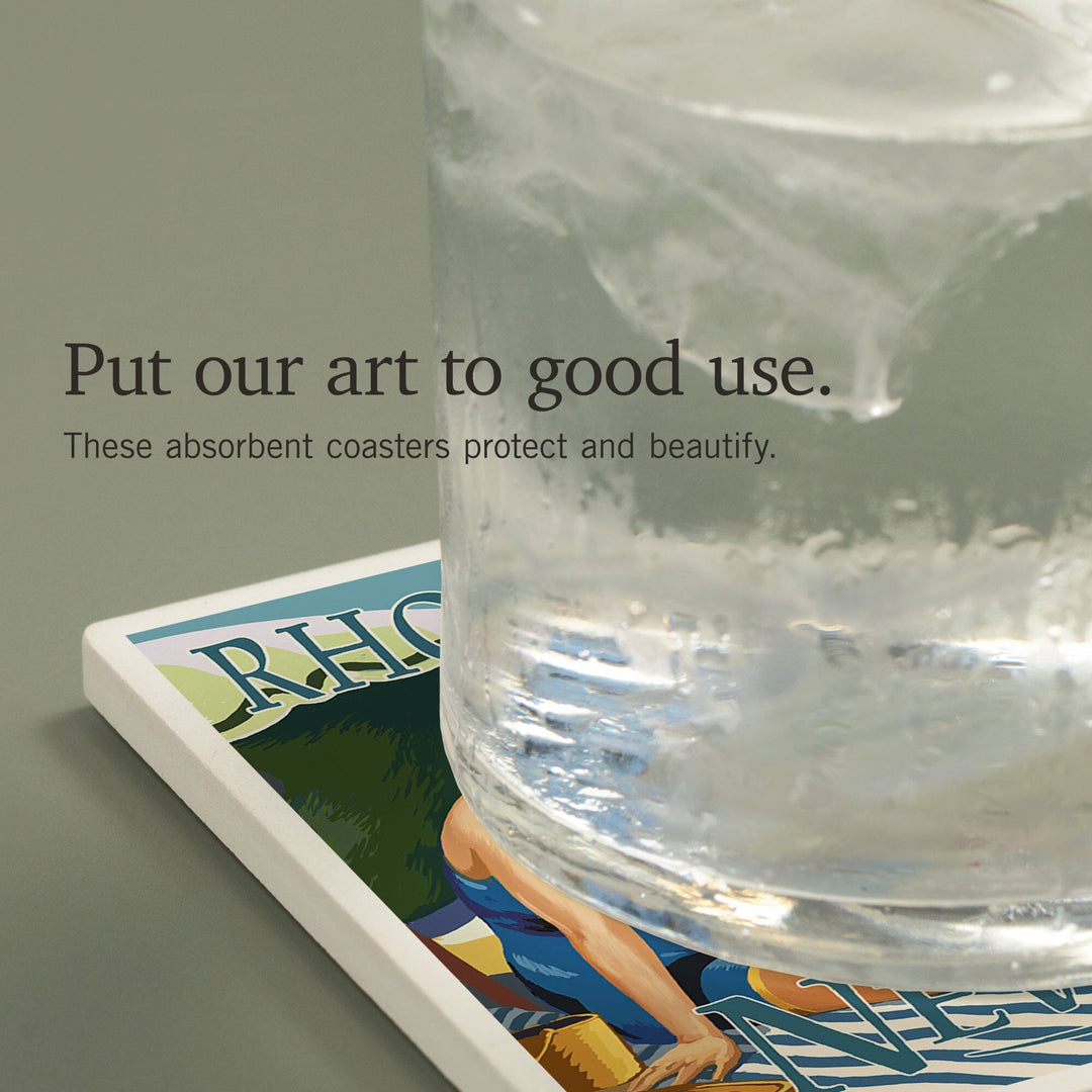 Newport, Rhode Island, Beach Scene, Coasters Coasters Lantern Press