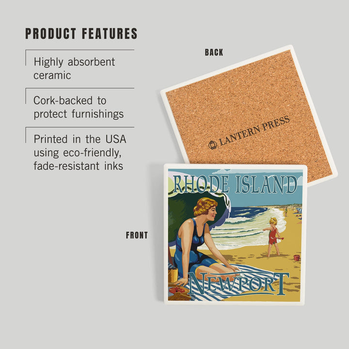 Newport, Rhode Island, Beach Scene, Coasters Coasters Lantern Press