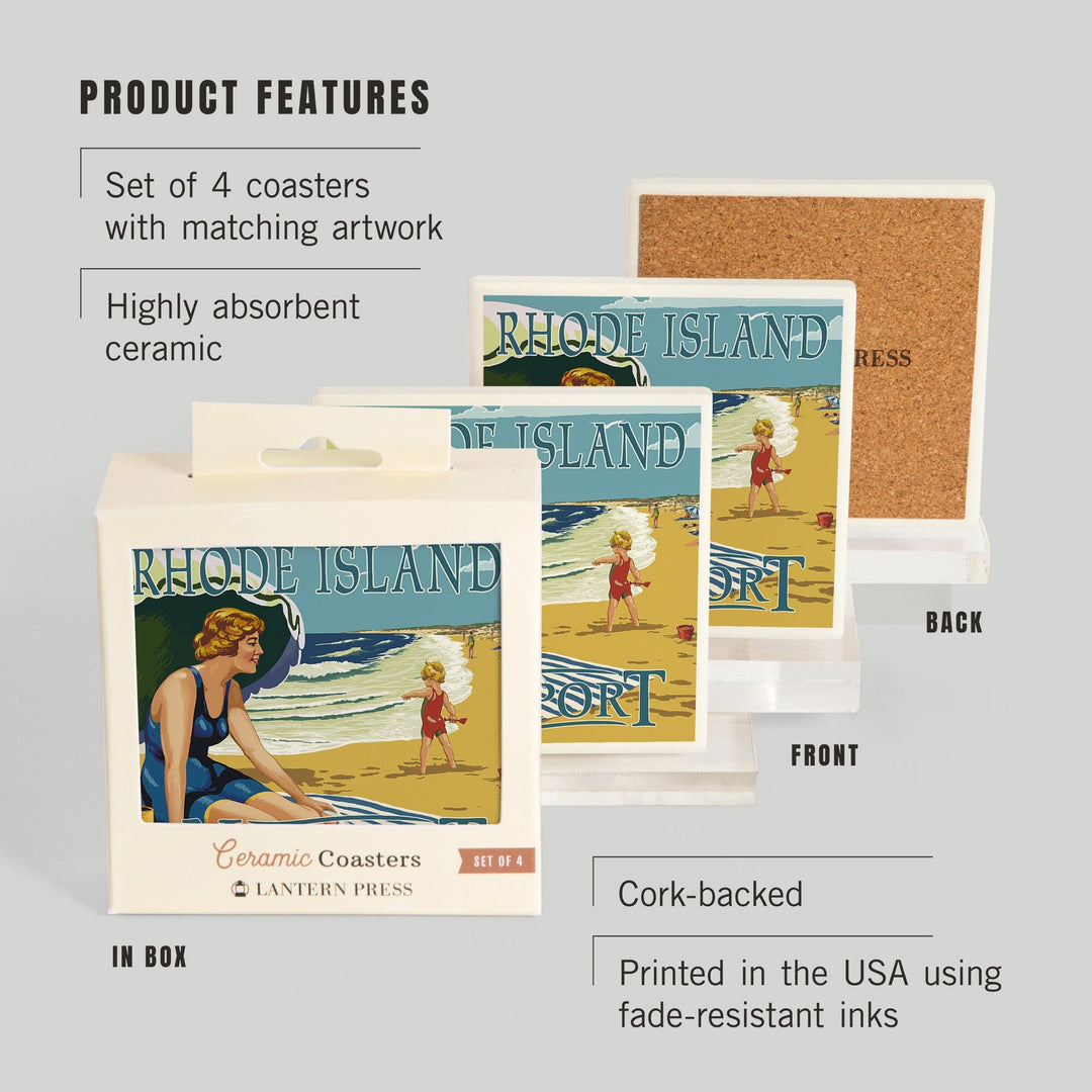 Newport, Rhode Island, Beach Scene, Coasters Coasters Lantern Press