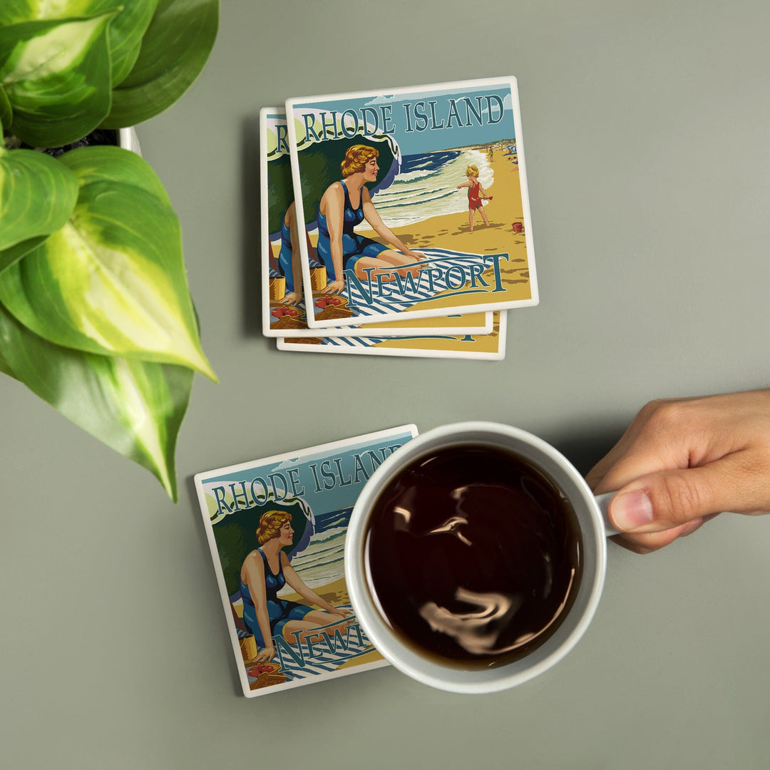 Newport, Rhode Island, Beach Scene, Coasters Coasters Lantern Press