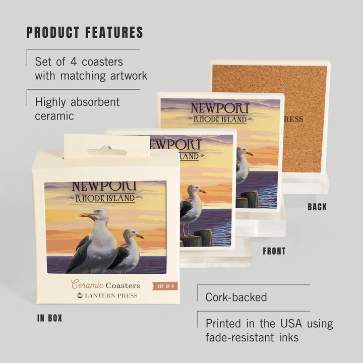 Newport, Rhode Island, Seagulls on Piers, Coasters Coasters Lantern Press